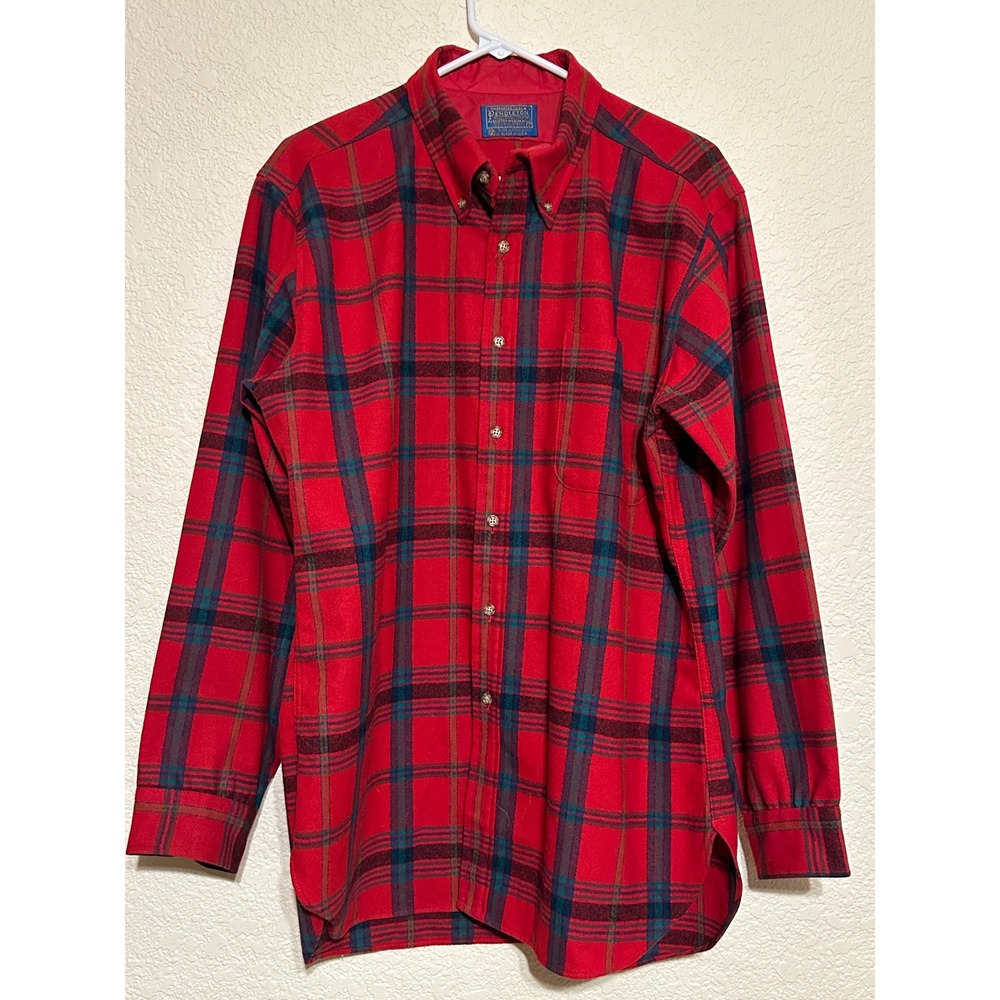 Pendleton Mens Red Plaid Wool Flannel Button Down Shirt Size L Made in USA